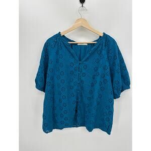 Nuture Westbound Top Women 1X Blue Eyelet Puff Sleeve Cotton Boho Summer Shirt